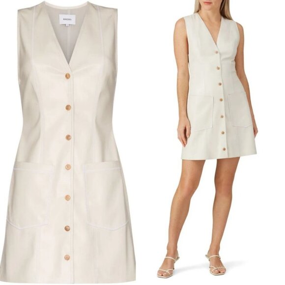 Nanushka Vegan Leather Mini Dress Button Down Size XS Cream Beige Menphi Boho - Picture 3 of 13